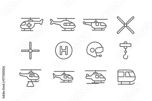 Helicopter and Aerial Transport Line Icons Set