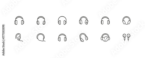 Minimalist Line Drawings of Headphones and Earbuds Set