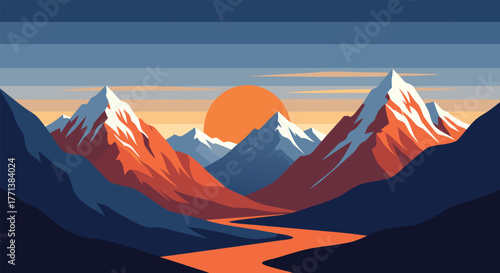 Sunset over the ocean with a large orange sun in the sky. The sky is a mix of pink and blue, creating a serene and peaceful atmosphere. The water is calm and still.