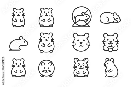 Hamster Line Art Icons Set with Various Poses and Styles