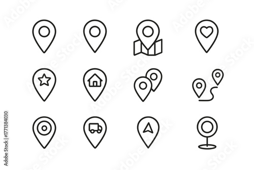 Grid of Location Pin Icons in Line Style