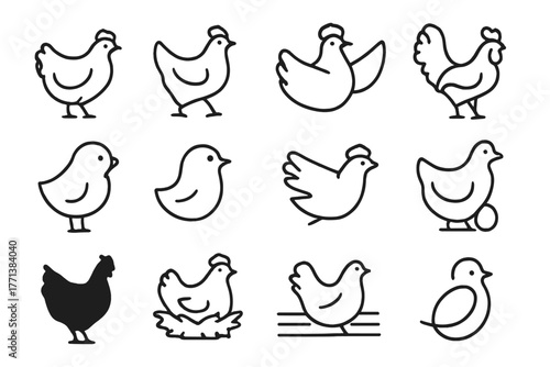 Chicken and Rooster Line Drawings Set