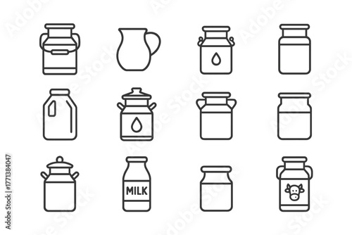 Dairy containers outline icons set in minimalist style