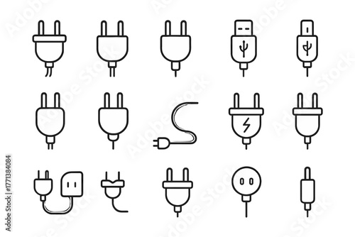 Set of 15 Minimalistic Black and White Plug and Cable Icons on White Background