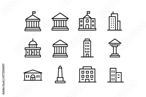 Various Buildings Icons Set in Outline Style