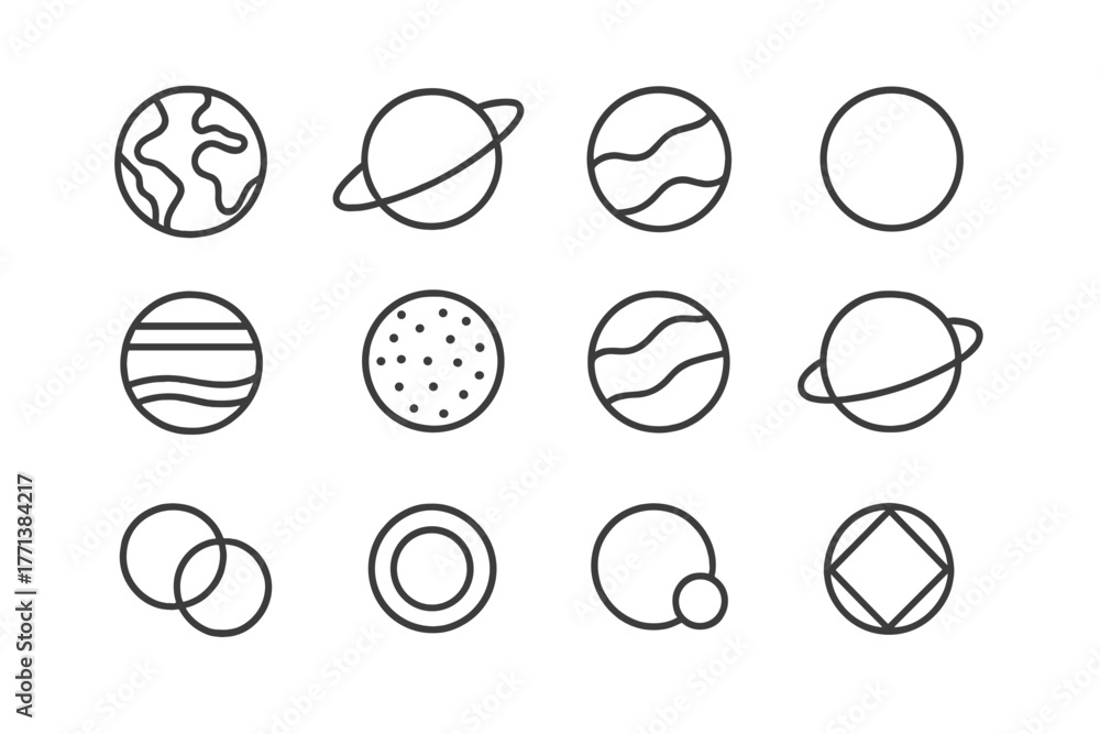 Fototapeta premium Minimalist Planets and Astronomical Objects Linear Icons Set