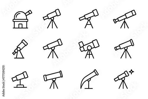 Telescope and Astronomical Equipment Icons Set in Line Style