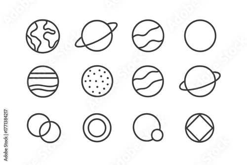 Minimalist Planets and Astronomical Objects Linear Icons Set