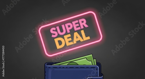Wallet filled with cash is shown with a bright neon sign displaying 'Super Deal' promoting a sale event.
