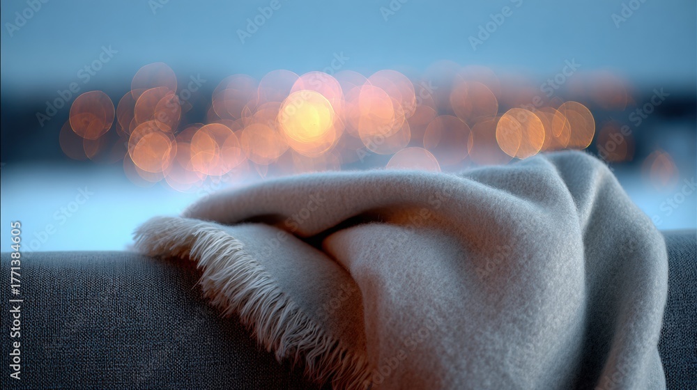 Naklejka premium Close-up of a gray blanket folded neatly on top of a couch. the blanket appears to be made of a soft, plush material and has a frayed edge.
