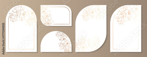 Luxury wedding invitation card set , label with gold botanical leaves, flowers. Abstract floral art background vector design with magnolia flowers branches