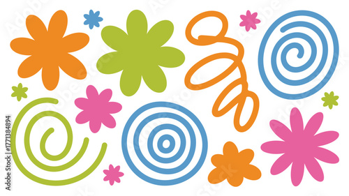 A colorful assortment of flowers spirals and squiggles on a white background in a playful design