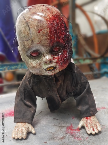 Canvastavla Scary horror doll Creepy doll Halloween concept, Close up of Ghost blood doll my