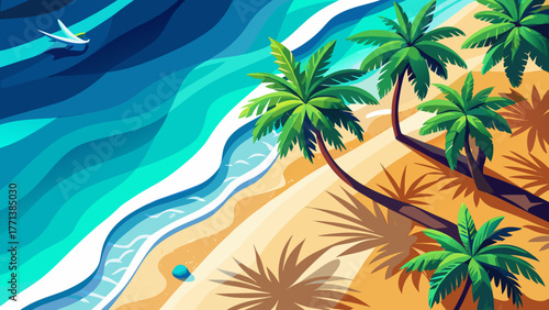 Very beautiful aerial minimalist beach landscape viewed from a drone, showing palm shadows on white sand beside clear turquoise sea with soft ripples and waves, perfect exotic summer banner scene.