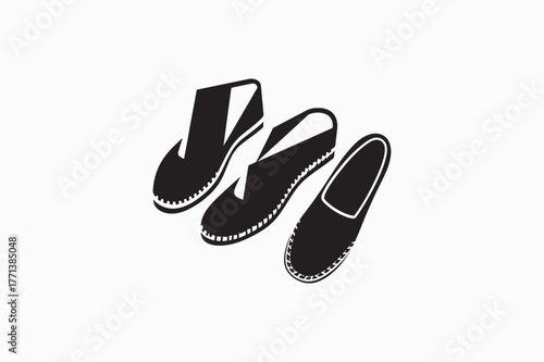 Summer Bohemian Espadrilles man and woman shoes vector silhouettes black image. eps