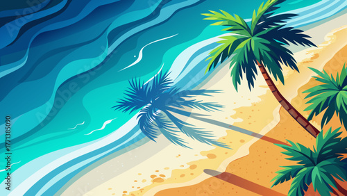 Very beautiful aerial minimalist beach landscape viewed from a drone, showing palm shadows on white sand beside clear turquoise sea with soft ripples and waves, perfect exotic summer banner scene.