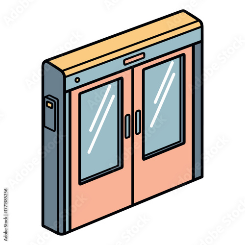 Isometric illustration of automatic double doors with glass panels and a sensor.