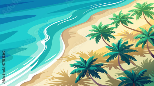 Very beautiful aerial minimalist beach landscape viewed from a drone, showing palm shadows on white sand beside clear turquoise sea with soft ripples and waves, perfect exotic summer banner scene.