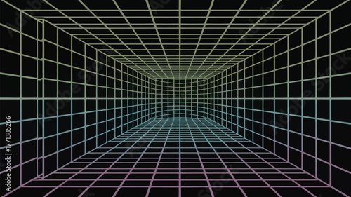 A perspective grid tunnel with vanishing point in the center on a dark black background design art