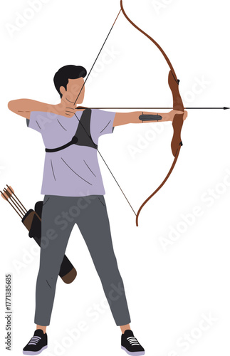 Archery athlete aiming bow and arrow, sports training illustration, precision shooting, traditional archery practice, competition, focus, accuracy, outdoor activity design