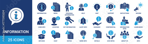 Information icon set. Containing info, help, inform, support, news, about us, instructions and notice icons. Solid icon collection. Vector illustration.