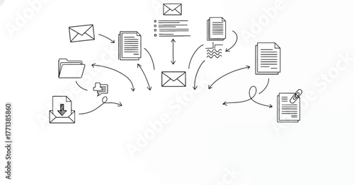 Digital Document Flow: A schematic illustration depicting a network of digital documents and communication elements interconnected in a seamless workflow. Evoking efficiency and information exchange.