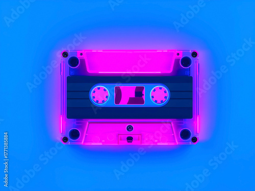Vaporwave Neon Audio Cassette Tape Glowing Pink on a Bright Blue Background