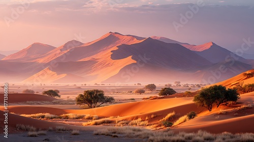 Fototapeta Naklejka Na Ścianę i Meble -  Glowing orange dune field under pastel pink sky with long misty shadows