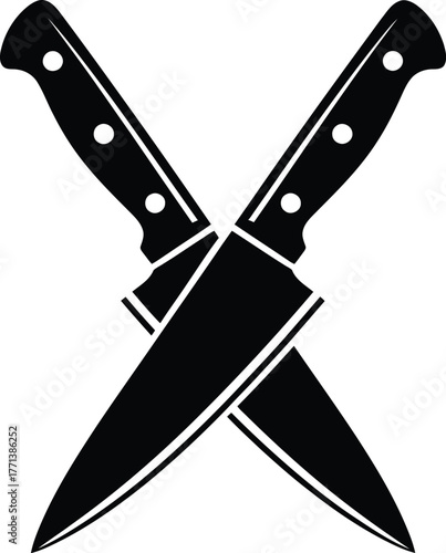 Crossed Chef Knives Icon – Black and White Silhouette of Kitchen Blades in X Formation for Culinary Branding, Cooking Competitions, and Restaurant Design Projects