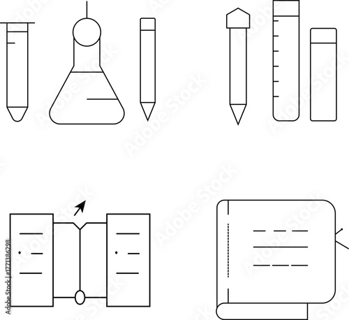 “Science and Education Line Icons – Laboratory Equipment, Test Tubes, and Study Materials Minimal Vector Design”