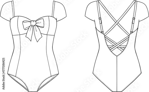 CAD drawing flat vector illustration, fashion flat sketch, women’s one‑piece swimsuit with sleeves, apparel technical template, garment construction, clothing outline, swimwear design