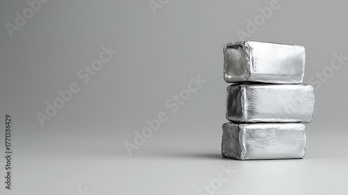 A stack of three metallic silver blocks rests against a muted gray background. The reflective surfaces of the blocks catch the light, giving them a subtle shimmer.