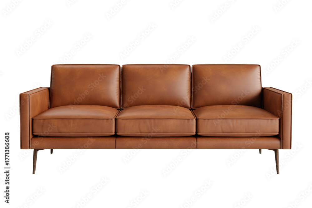 Naklejka premium A sleek, modern brown leather three-seater sofa with clean lines and tapered legs, perfect for a contemporary living space. background removed