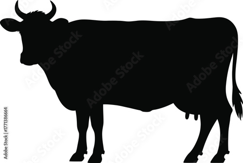 A stark black silhouette of a cow clearly defined against a pure white background ideal for clean and simple graphic designs isolated on white background