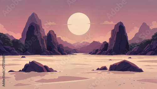 Sunset Over Tranquil Lake and Mountains