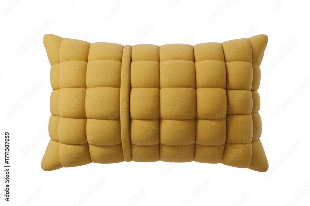 Obraz premium A stylish rectangular mustard yellow cushion featuring a unique quilted design with prominent square tufts, perfect for modern home decor. background removed
