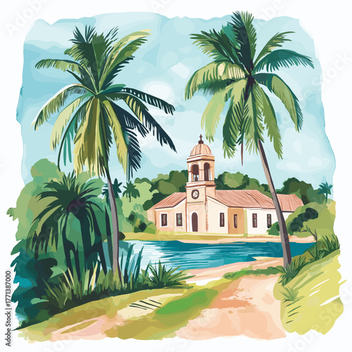 Jesuit Missions Route. Jesuit Missions Route hand drawn watercolor illustration