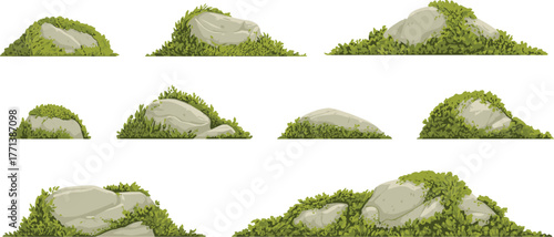 Natural moss-covered stone rock set isolated on white background, realistic green grass hill landscape element, nature vector illustration design