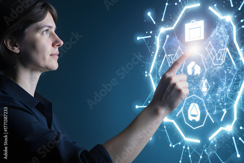 Wallpaper Mural Woman interacting with futuristic digital interface, exploring data and technology Torontodigital.ca