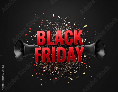 Vibrant Black Friday promotional graphic featuring bold red text, dual megaphones, and a celebratory burst of confetti on a dark background