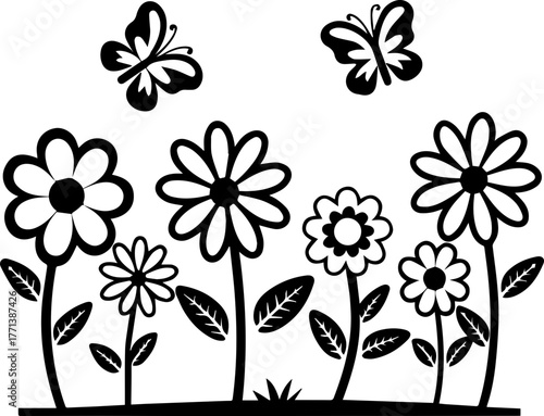 
SVG vector illustration of a butterfly among wildflowers.Butterfly and Flowers in Black and White Design