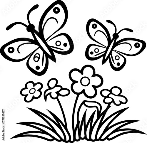 
SVG vector illustration of a butterfly among wildflowers.Black and White Floral Design with Butterflies