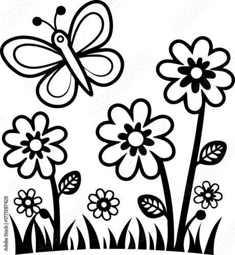 
SVG vector illustration of a butterfly among wildflowers.Butterfly and Flowers Decorative Outline Design