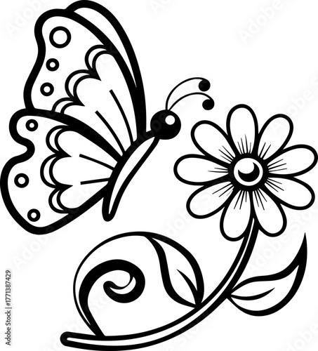 
SVG vector illustration of a butterfly among wildflowers.Black and White Floral Design with Butterflies
