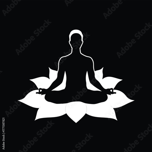 A minimalist white silhouette of a person in a meditation pose, seated within a lotus flower design, symbolizing peace and spiritual practice.