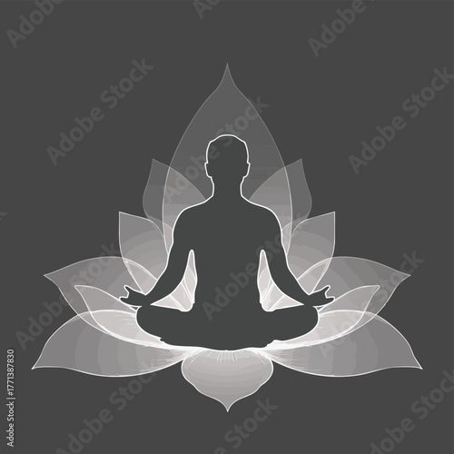 A minimalist white silhouette of a person in a meditation pose, seated within a lotus flower design, symbolizing peace and spiritual practice.