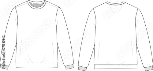 CAD drawing flat vector illustration, technical fashion sketch, sweatshirt template, apparel design, clothing mockup, garment specification, ribbed crewneck sweater