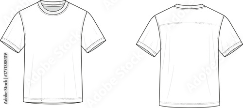 CAD drawing flat vector illustration, technical t‑shirt sketch, apparel fashion template, clothing design mockup, garment specification, short sleeve crew neck