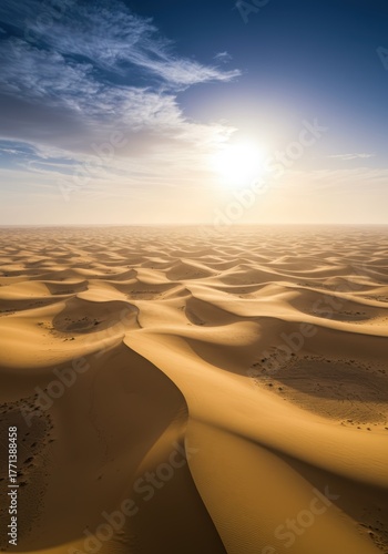 Golden Sands: A mesmerizing landscape of endless sand dunes, sculpted by the wind under a vast blue sky, creates a breathtaking panorama.