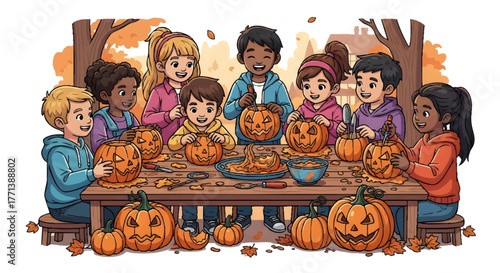 Group of diverse children carving pumpkins for Halloween at a wooden table outdoors